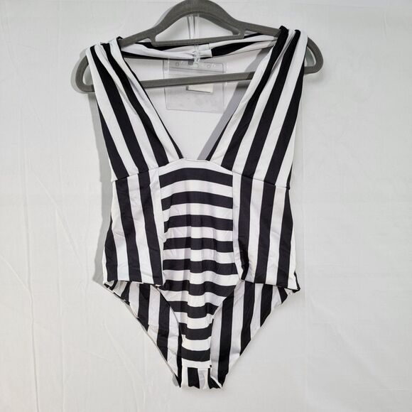 Pretty Little Thing Black & White Striped One Piece Sexy Bikini Swimsuit Size 10 - Picture 2 of 10